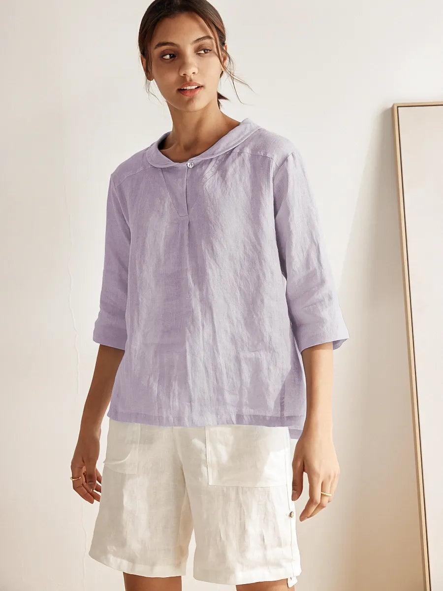 100% Linen Stripe Shawl V-Neck Half Sleeve Top JADE LINTICO