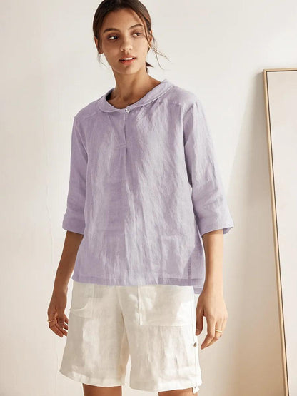 100% Linen Stripe Shawl V-Neck Half Sleeve Top JADE LINTICO