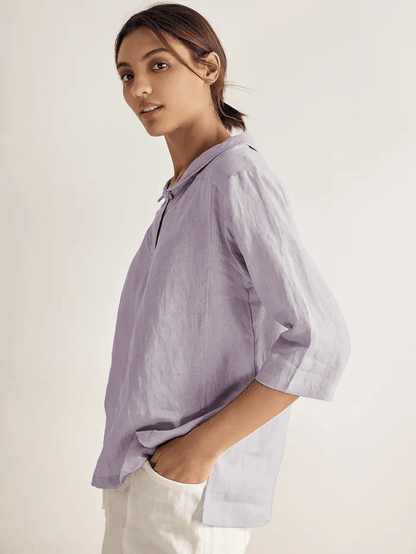 100% Linen Stripe Shawl V-Neck Half Sleeve Top JADE LINTICO