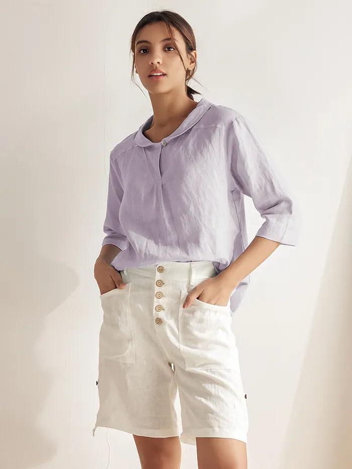 100% Linen Stripe Shawl V-Neck Half Sleeve Top JADE LINTICO