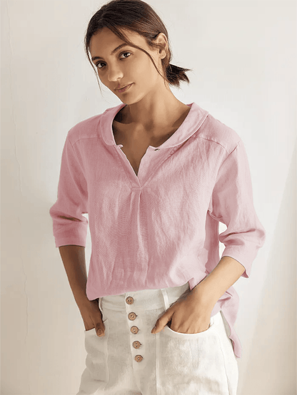 100% Linen Shawl V-Neck Half Sleeve Top JADE LINTICO