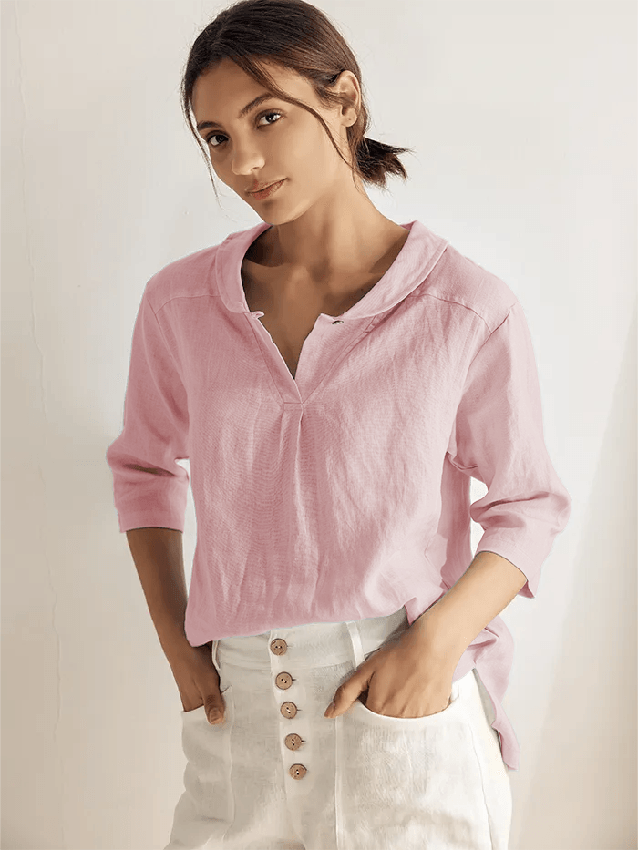 100% Linen Stripe Shawl V-Neck Half Sleeve Top JADE LINTICO