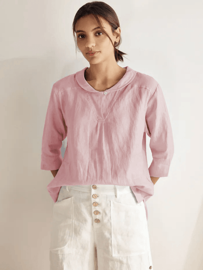 100% Linen Shawl V-Neck Half Sleeve Top JADE LINTICO