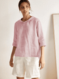 100% Linen Stripe Shawl V-Neck Half Sleeve Top JADE LINTICO