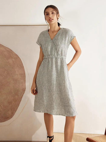 100% Linen Striped Elastic-Waist Midi Dress ARIA LINTICO