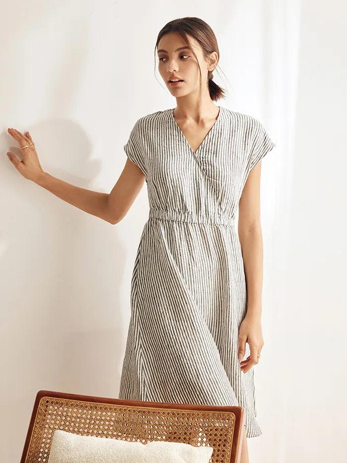 100% Linen Striped Elastic-Waist Midi Dress ARIA LINTICO