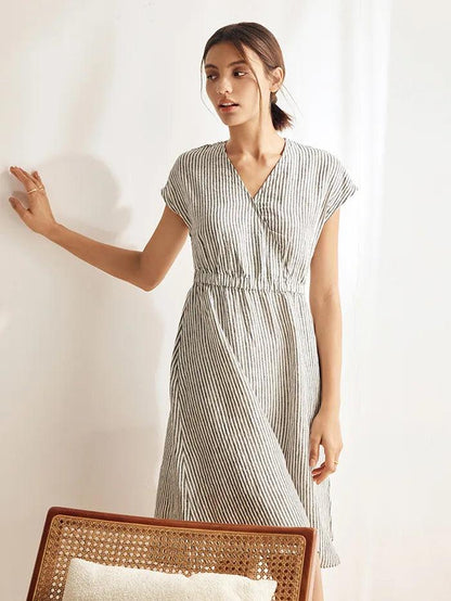 100% Linen Striped Elastic-Waist Midi Dress ARIA LINTICO