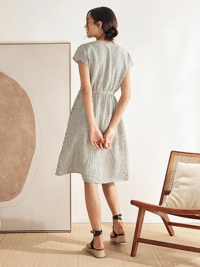 100% Linen Striped Elastic-Waist Midi Dress ARIA LINTICO