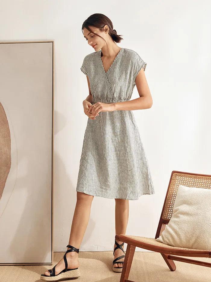 100% Linen Striped Elastic-Waist Midi Dress ARIA LINTICO