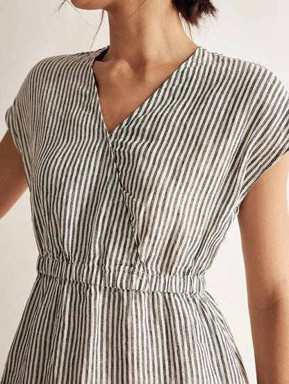 100% Linen Striped Elastic-Waist Midi Dress ARIA LINTICO