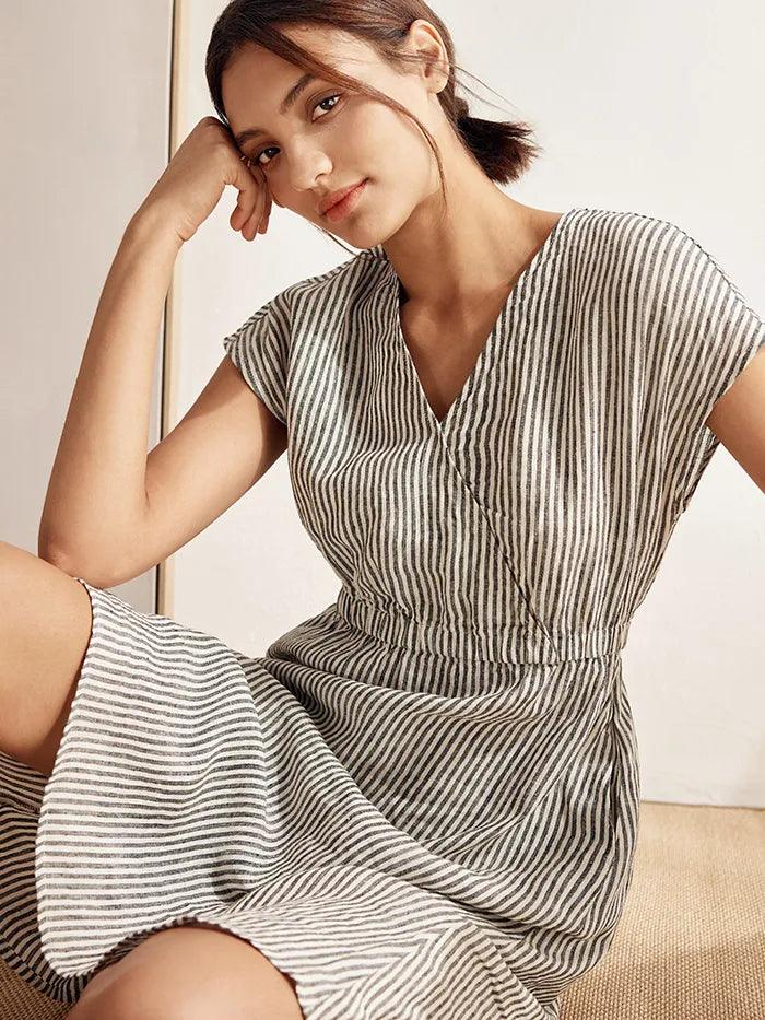 100% Linen Striped Elastic-Waist Midi Dress ARIA LINTICO