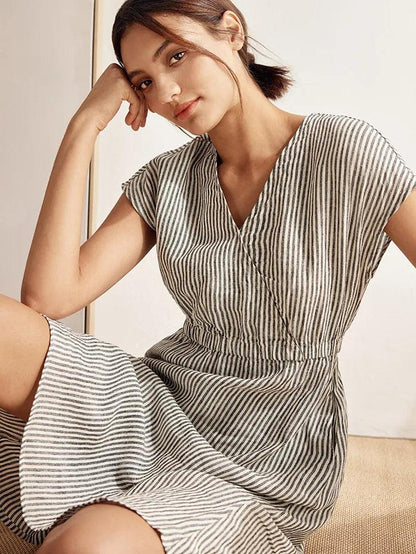 100% Linen Striped Elastic-Waist Midi Dress ARIA LINTICO