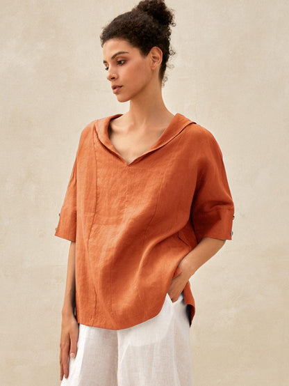 100% Linen V-Neck Short Sleeve Shirt SIERRA LINTICO