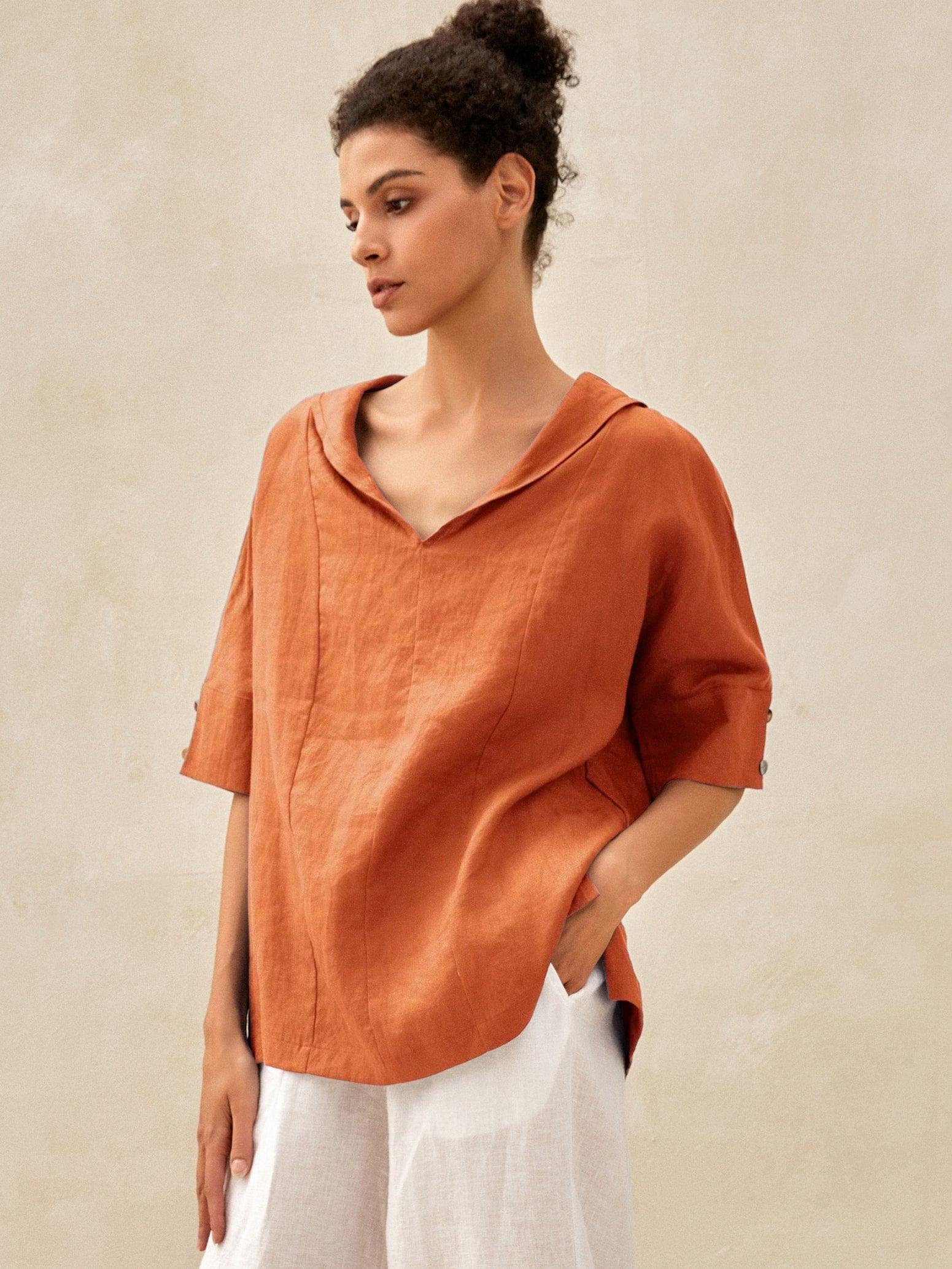 Linen V Neck Short Sleeve Shirt SIERRA LINTICO