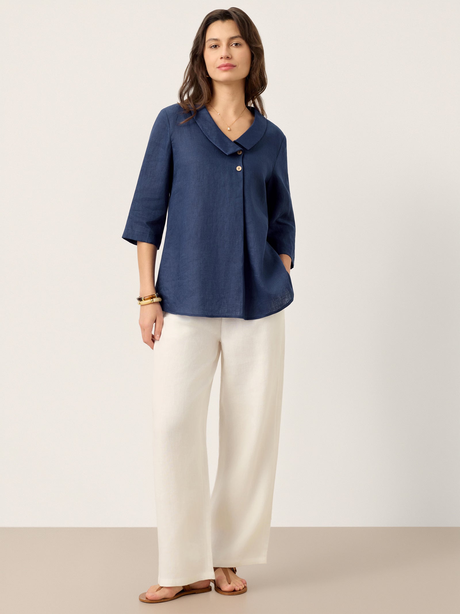 100% Linen Asymmetric Collar Inverted Pleat Top OTTILIE LINTICO