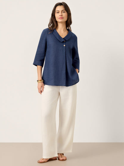100% Linen Asymmetric Collar Inverted Pleat Top OTTILIE LINTICO