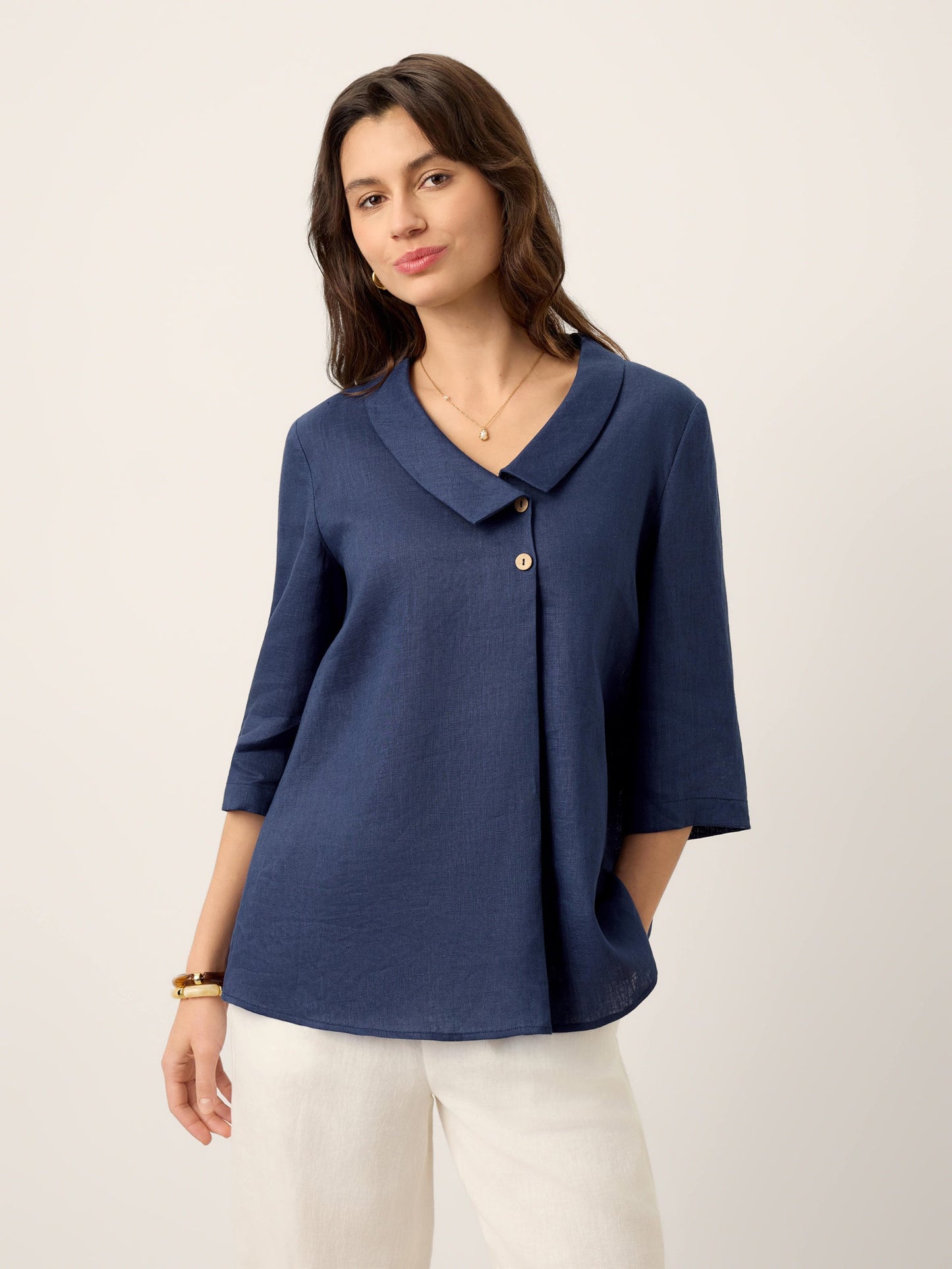 100% Linen Asymmetric Collar Inverted Pleat Top OTTILIE LINTICO