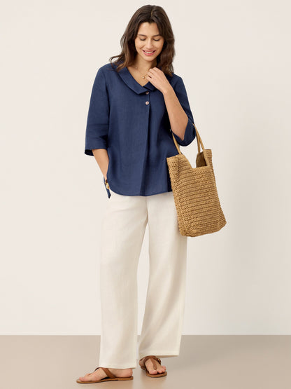 100% Linen Asymmetric Collar Inverted Pleat Top OTTILIE LINTICO