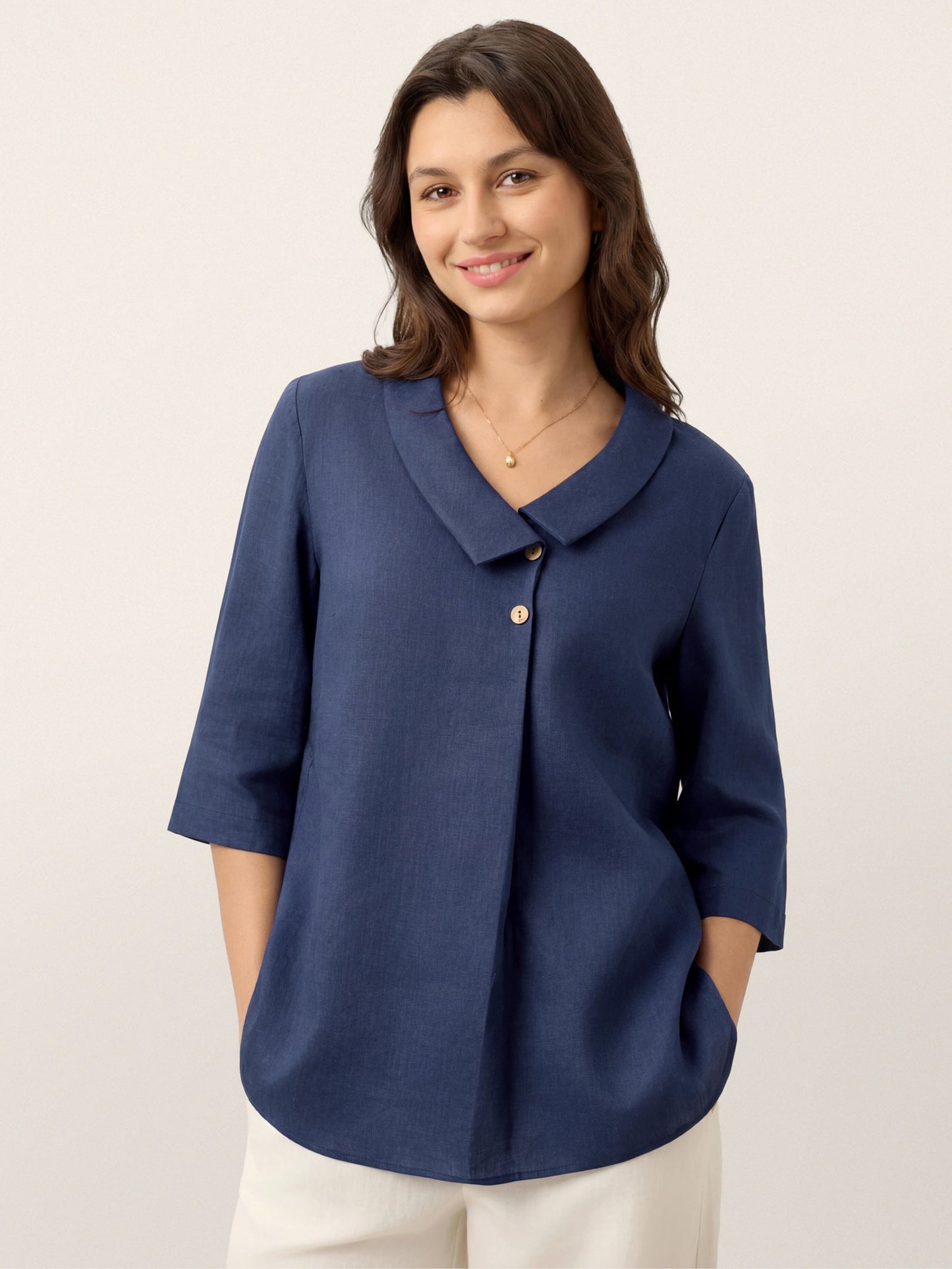 100% Linen Asymmetric Collar Inverted Pleat Top OTTILIE LINTICO