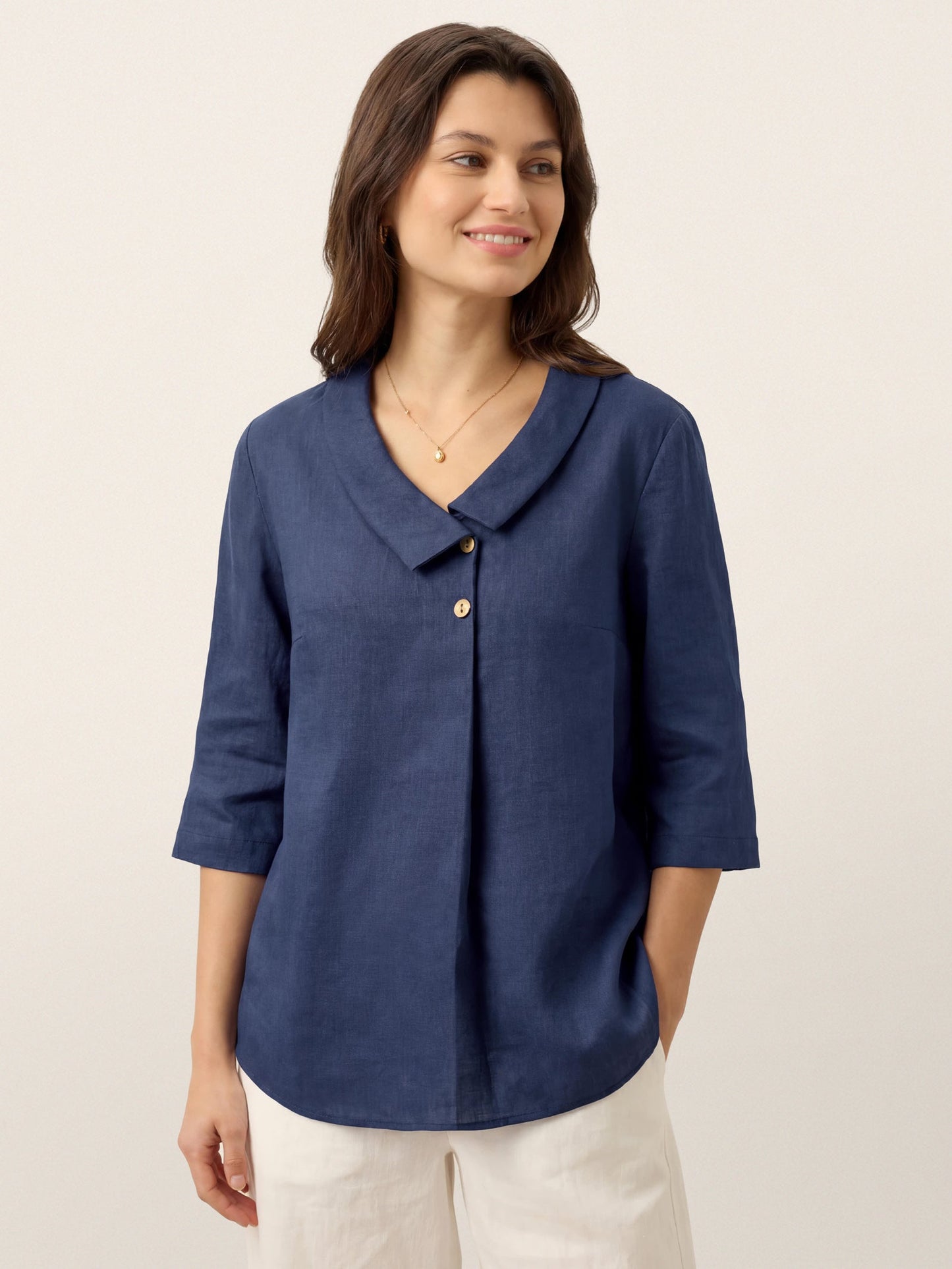 100% Linen Asymmetric Collar Inverted Pleat Top OTTILIE LINTICO
