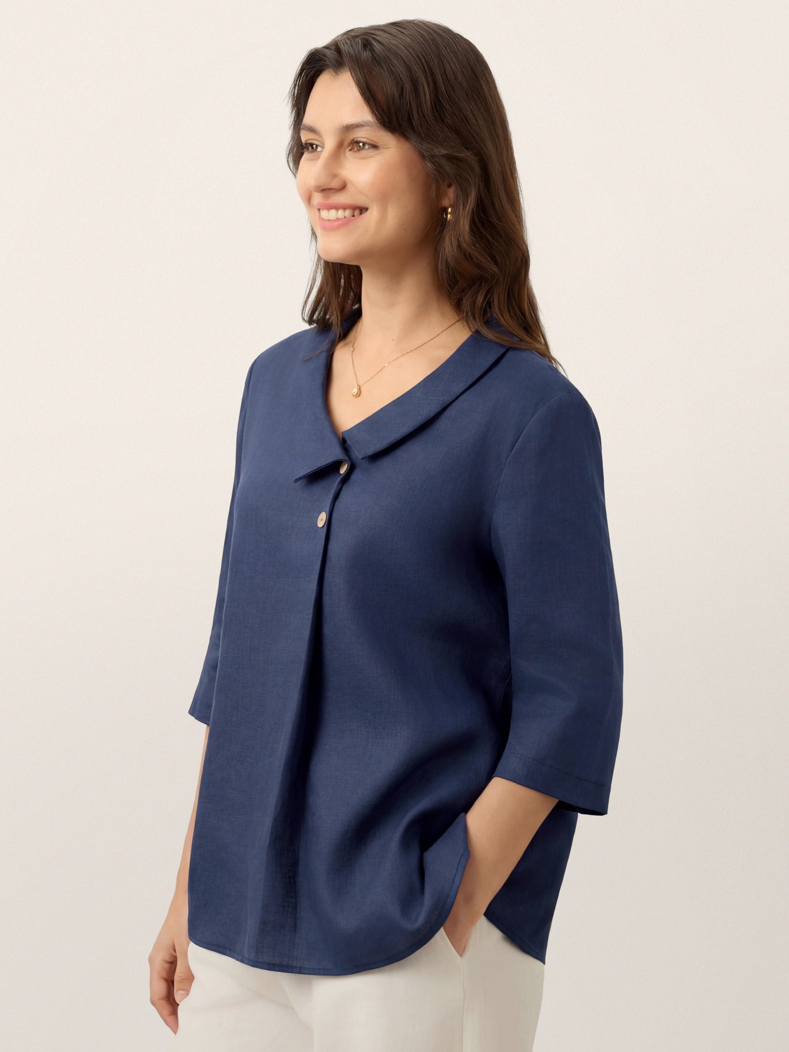 100% Linen Asymmetric Collar Inverted Pleat Top OTTILIE LINTICO