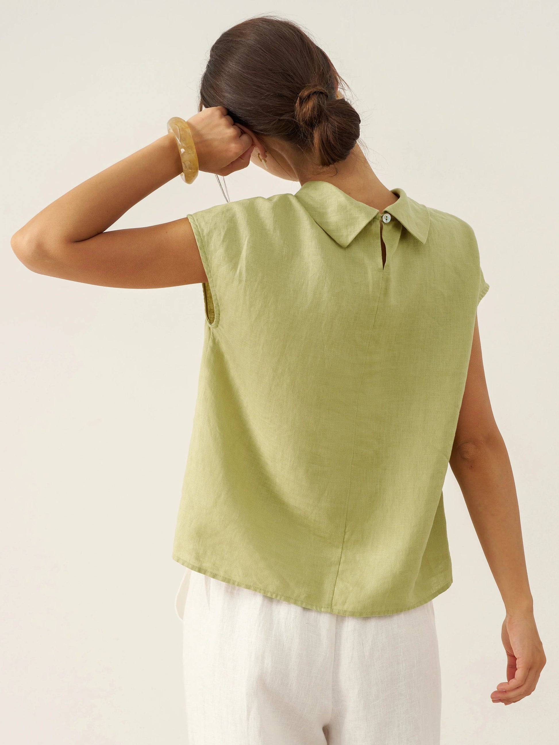 100% Linen Cap Sleeve Soft-Fold Collar Top YVONNE LINTICO