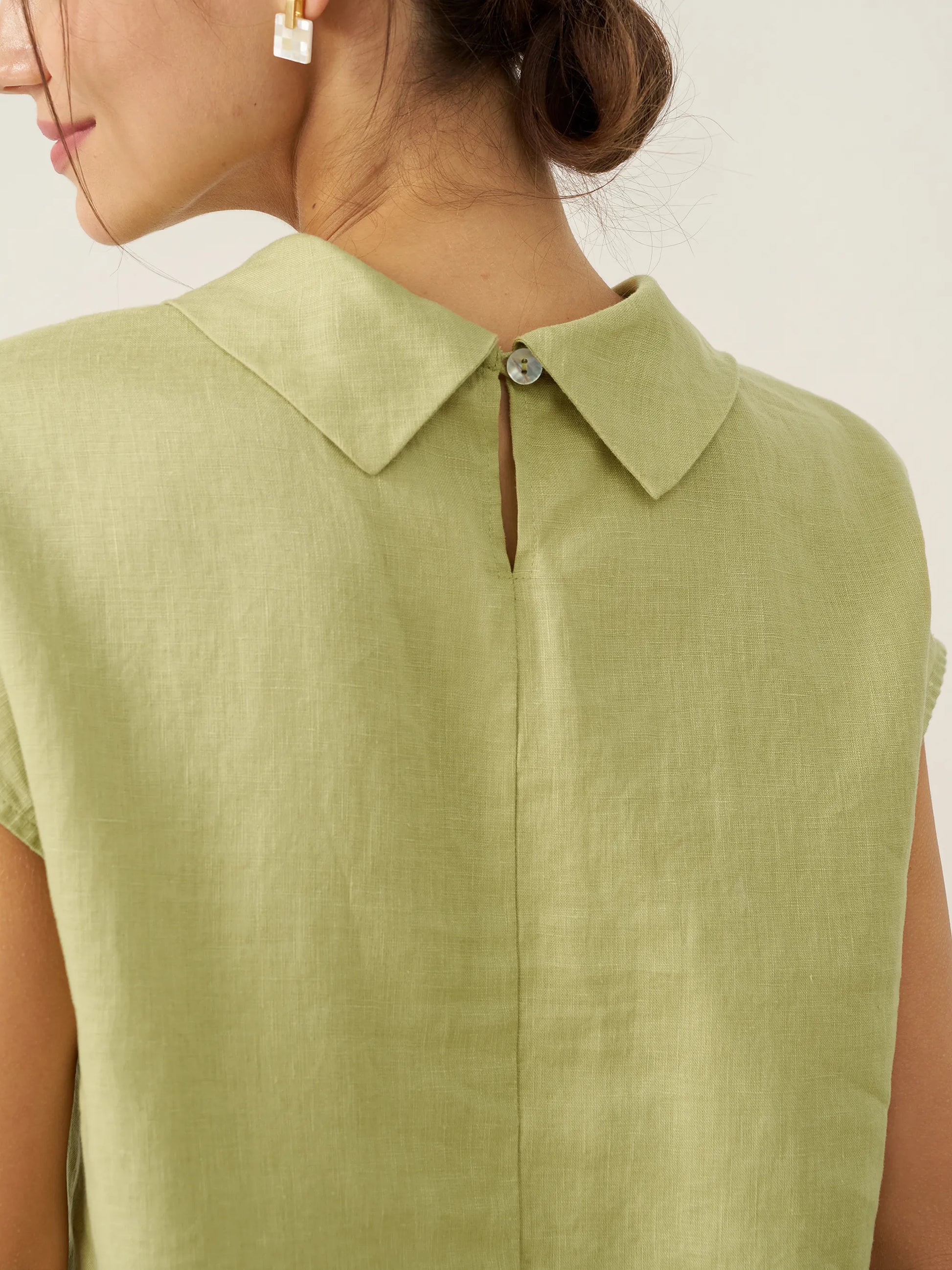 100% Linen Cap Sleeve Soft-Fold Collar Top YVONNE LINTICO