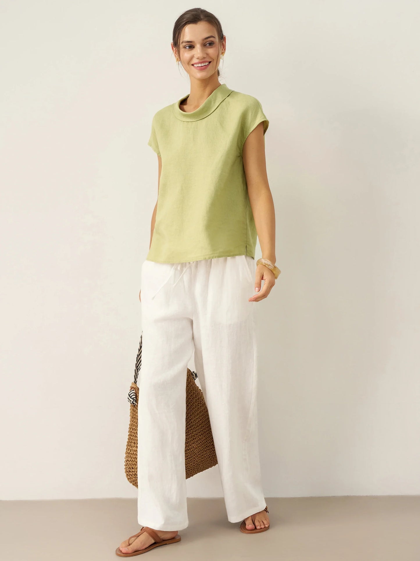 100% Linen Cap Sleeve Soft-Fold Collar Top YVONNE LINTICO