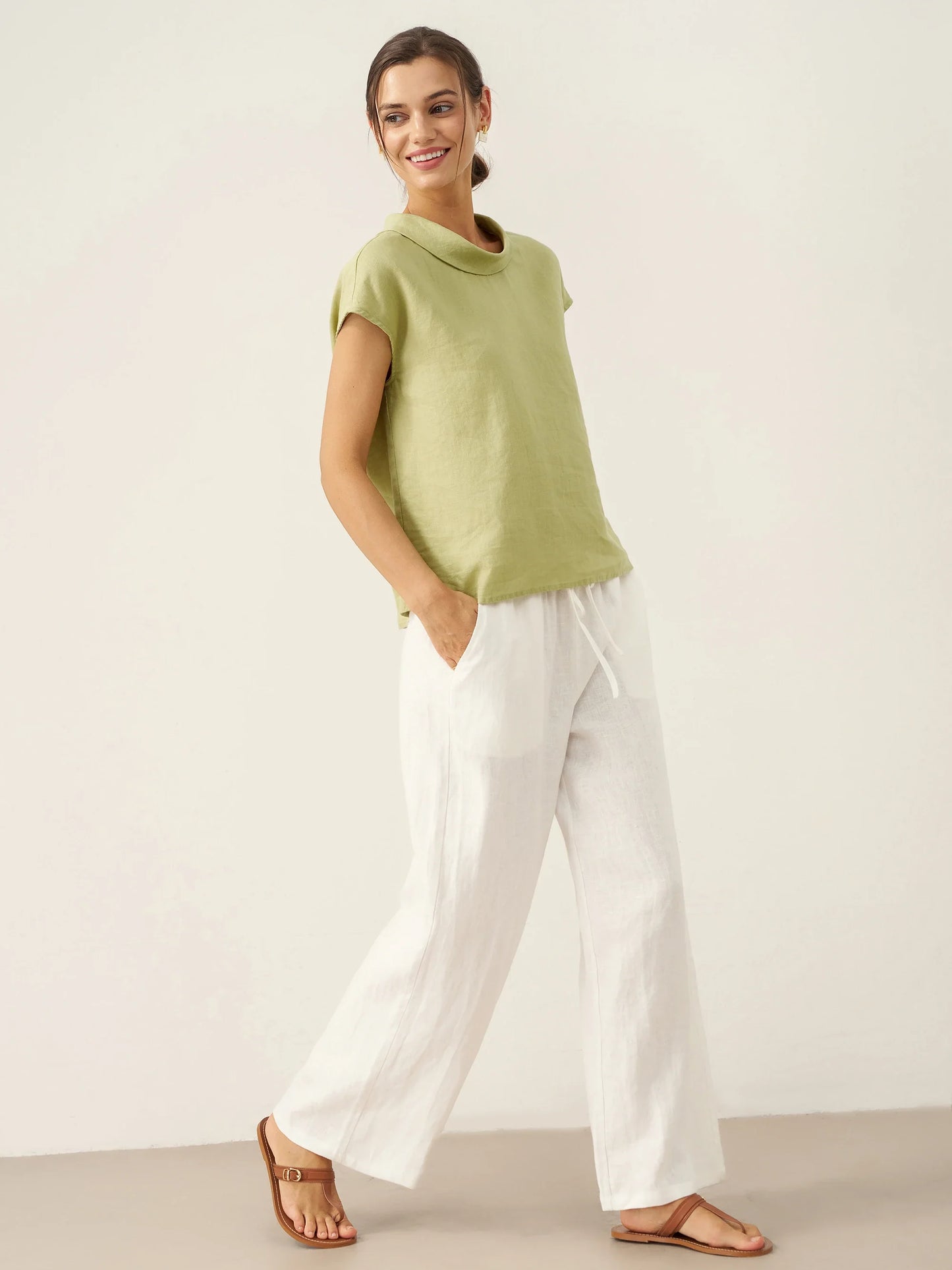 100% Linen Cap Sleeve Soft-Fold Collar Top YVONNE LINTICO