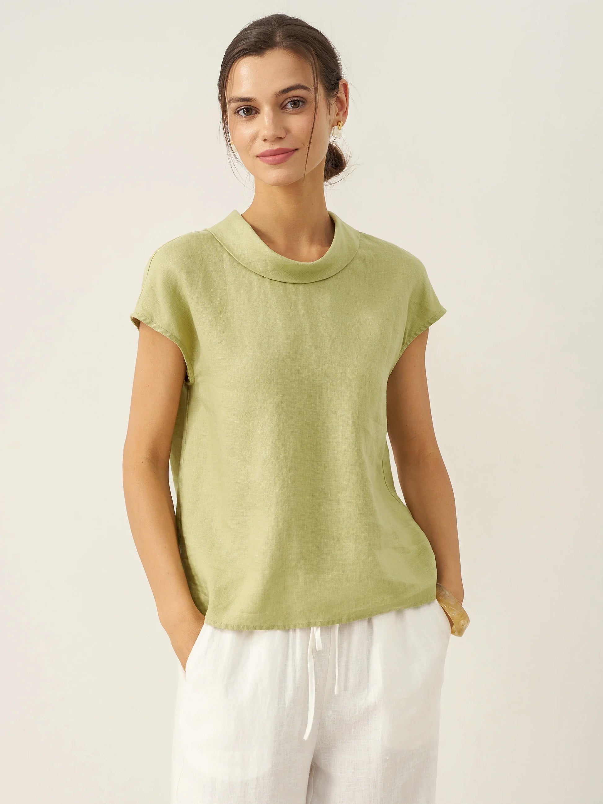 100% Linen Cap Sleeve Soft-Fold Collar Top YVONNE LINTICO