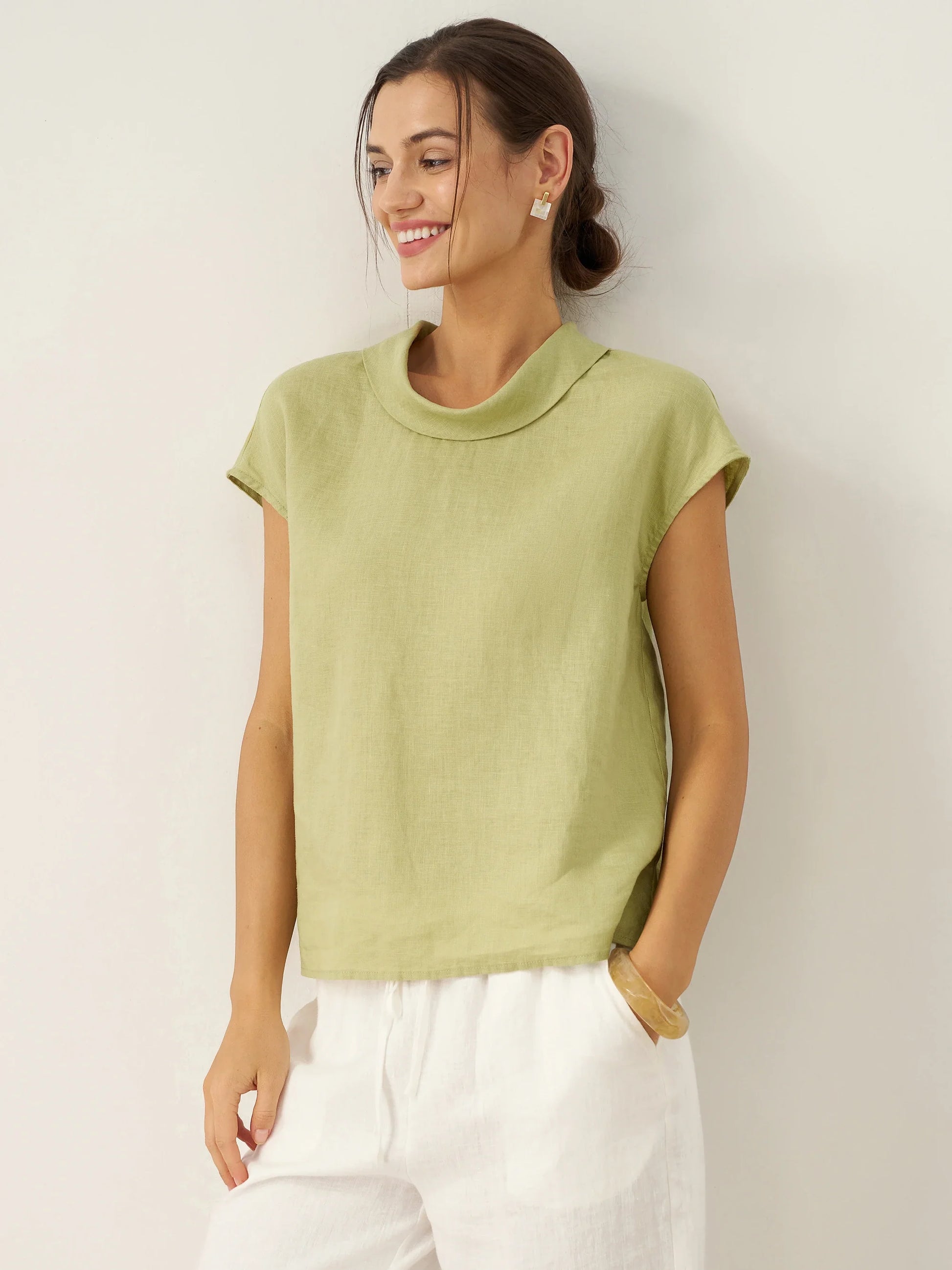 100% Linen Cap Sleeve Soft-Fold Collar Top YVONNE LINTICO