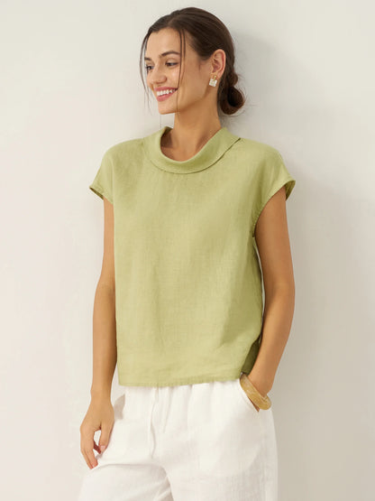 100% Linen Cap Sleeve Soft-Fold Collar Top YVONNE LINTICO