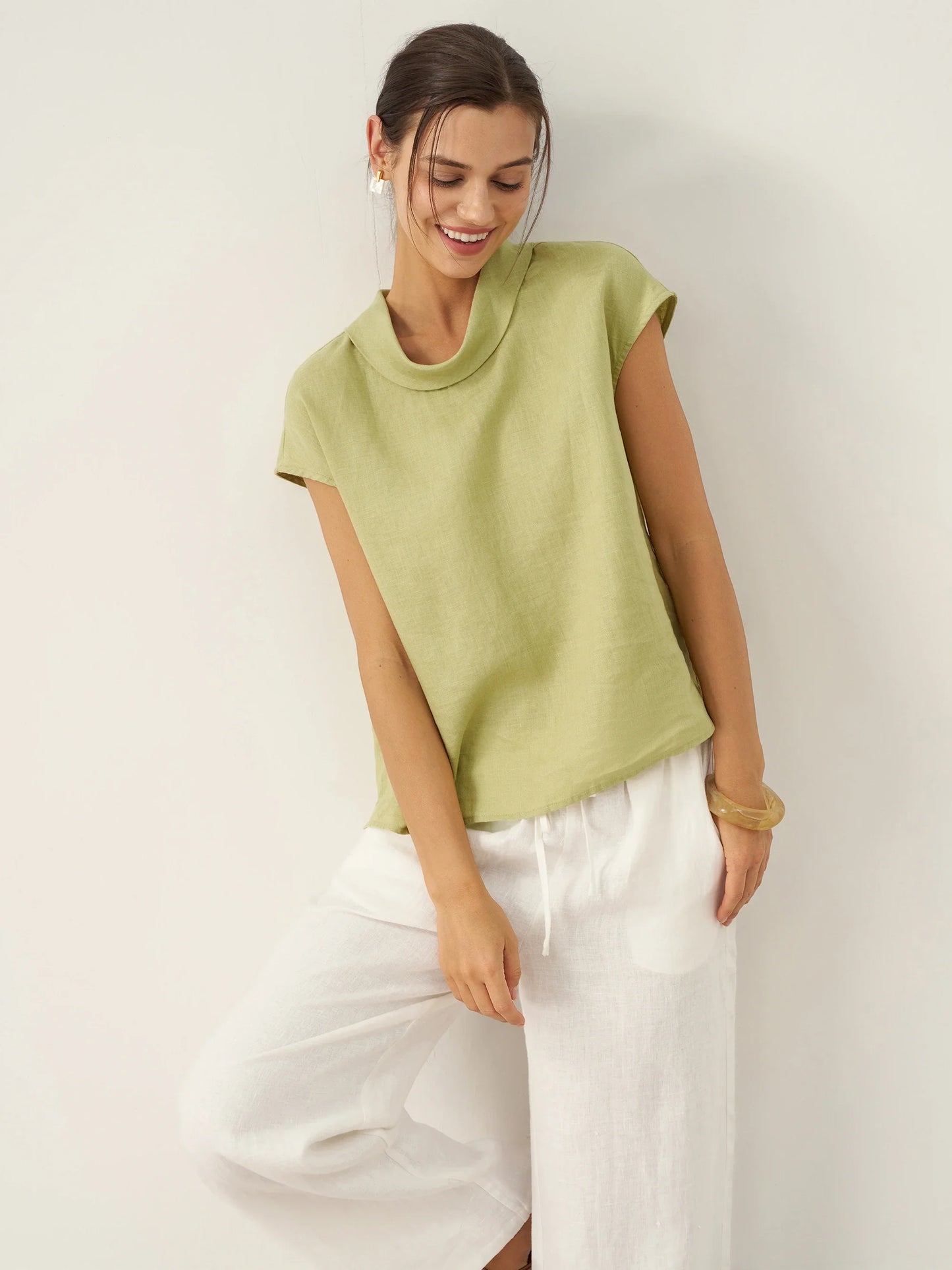 100% Linen Cap Sleeve Soft-Fold Collar Top YVONNE LINTICO