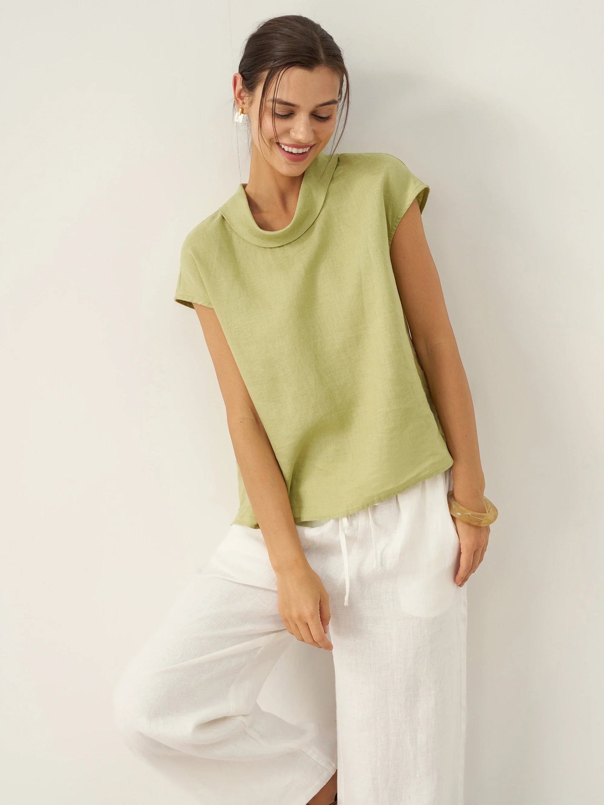 100% Linen Cap Sleeve Soft-Fold Collar Top YVONNE LINTICO