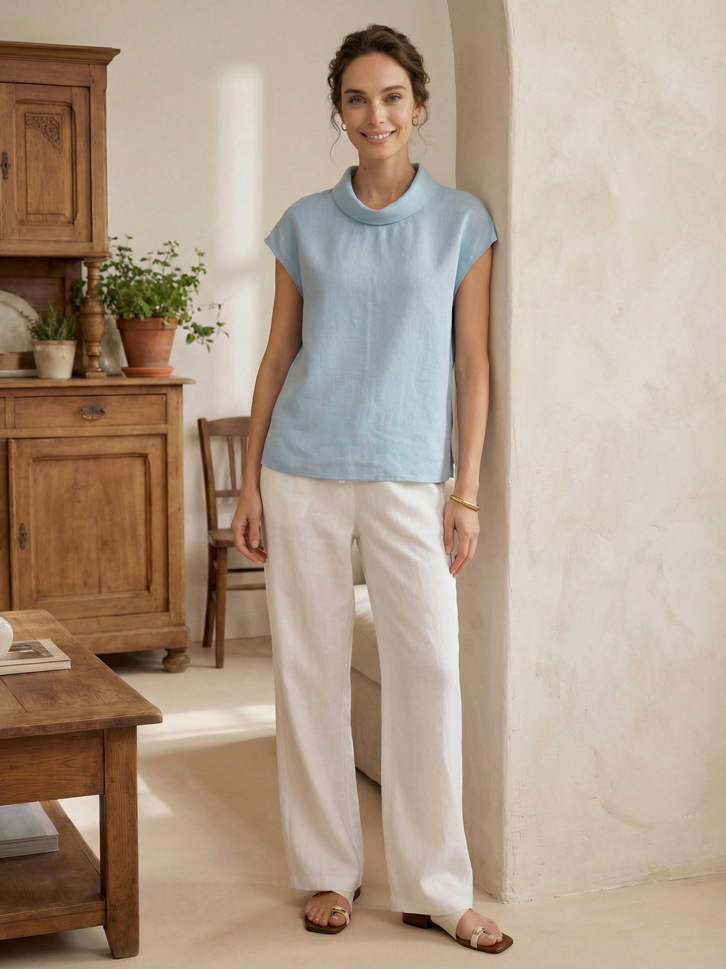 100% Linen Cap Sleeve Soft-Fold Collar Top YVONNE LINTICO
