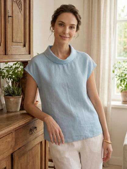 100% Linen Cap Sleeve Soft-Fold Collar Top YVONNE LINTICO