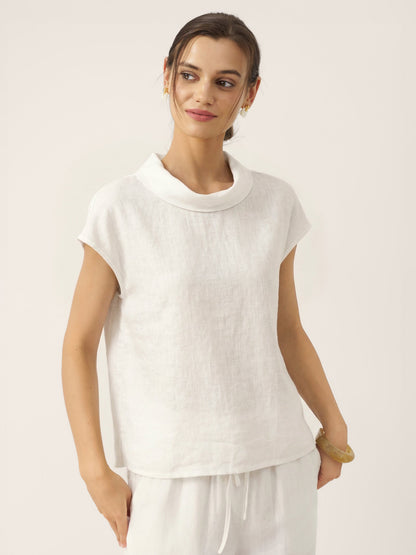 100% Linen Cap Sleeve Soft-Fold Collar Top YVONNE LINTICO