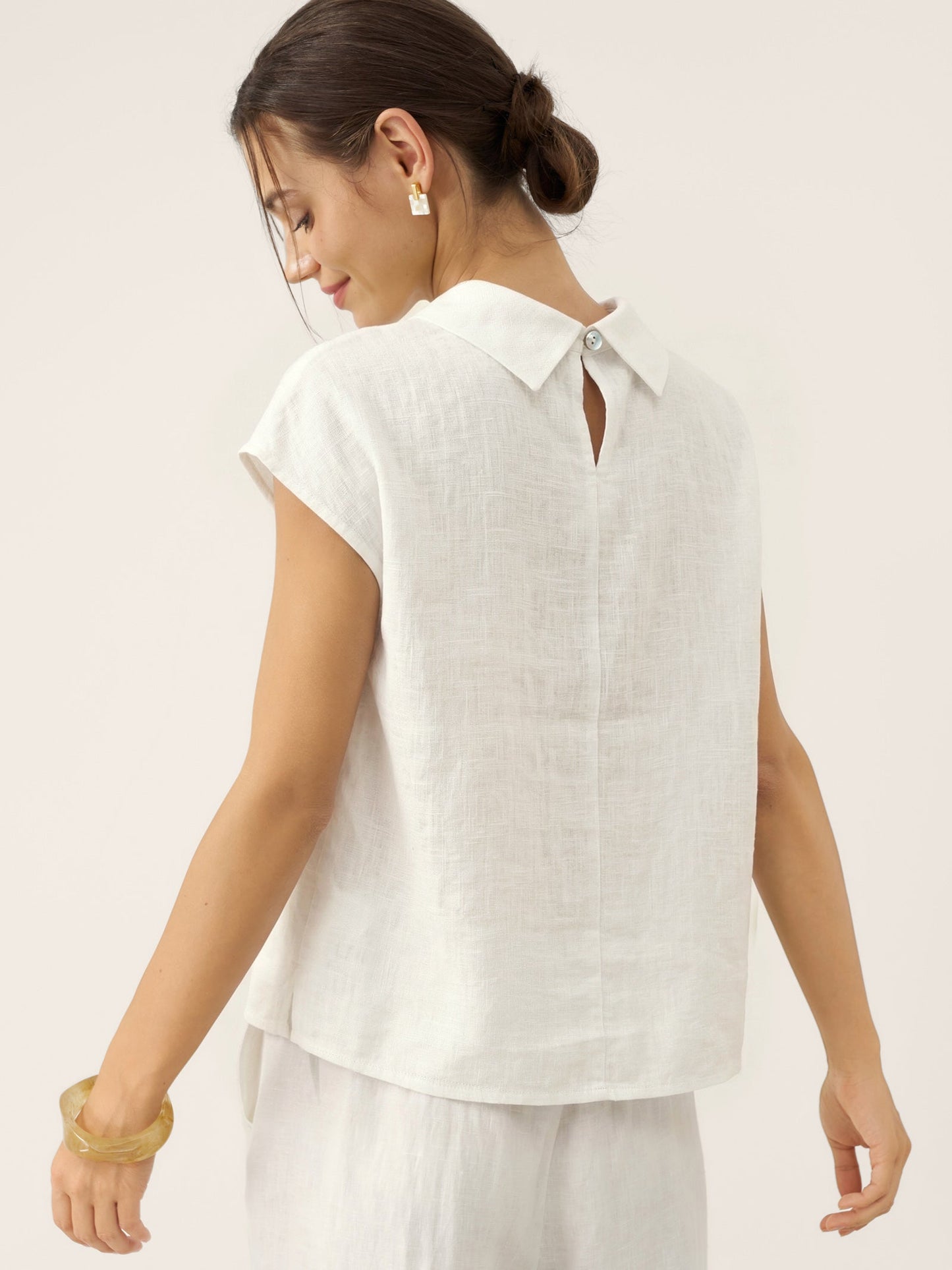 100% Linen Cap Sleeve Soft-Fold Collar Top YVONNE LINTICO
