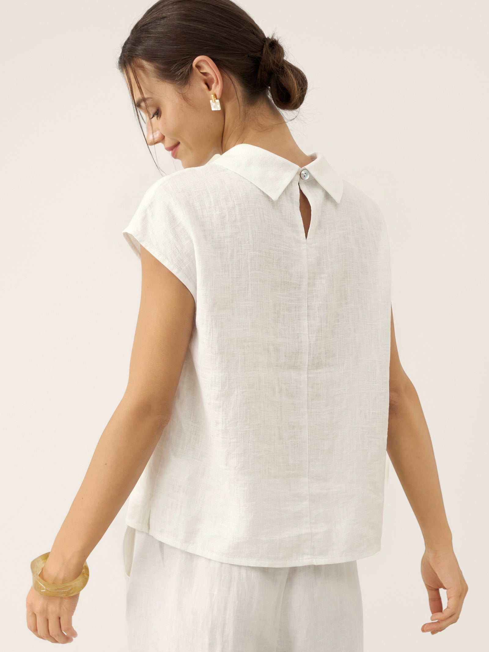 100% Linen Cap Sleeve Soft-Fold Collar Top YVONNE LINTICO