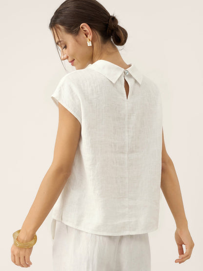 100% Linen Cap Sleeve Soft-Fold Collar Top YVONNE LINTICO