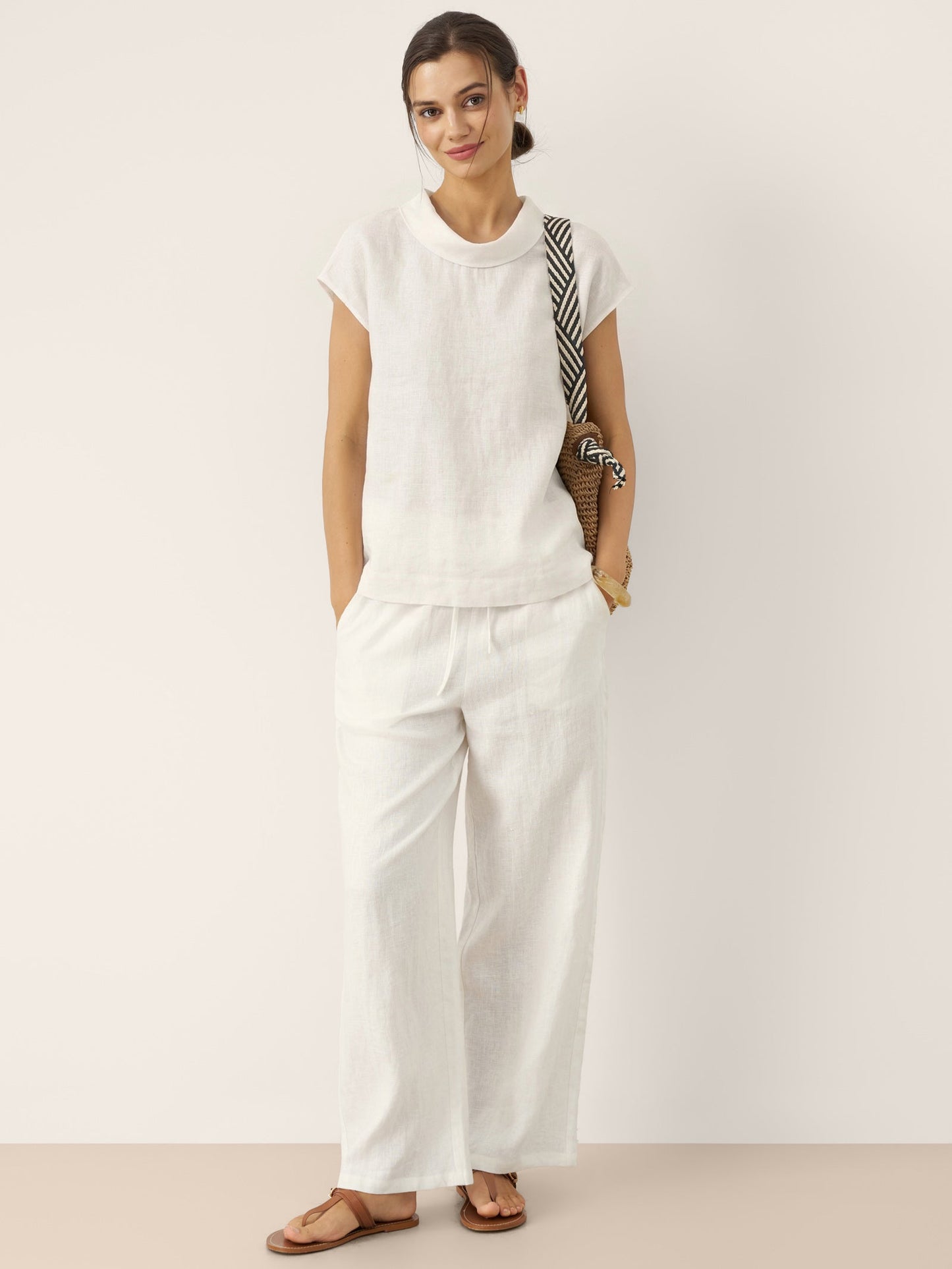 100% Linen Cap Sleeve Soft-Fold Collar Top YVONNE LINTICO