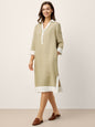 100% Linen Contrast Panel V-neck Layered Lapel Midi Shirt Dress PERSEPHONE