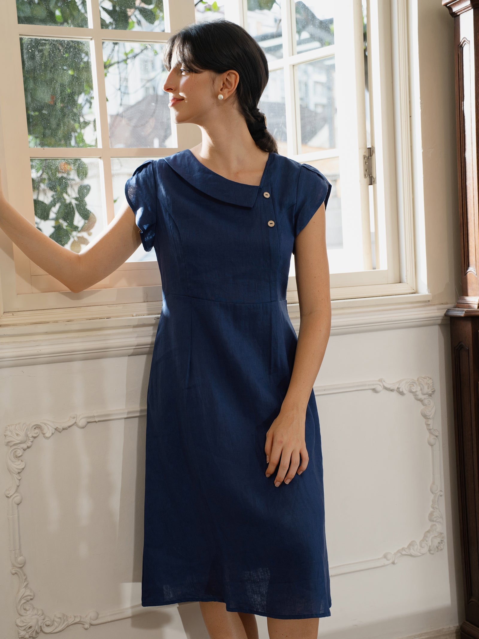 100% Linen Crescent Collar Flutter Sleeve Midi Dress FIONA LINTICO