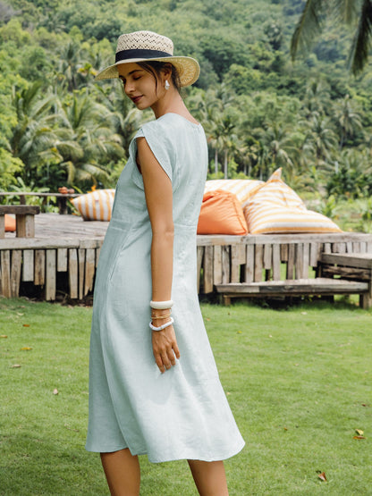 100% Linen Crescent Collar Flutter Sleeve Midi Dress FIONA LINTICO