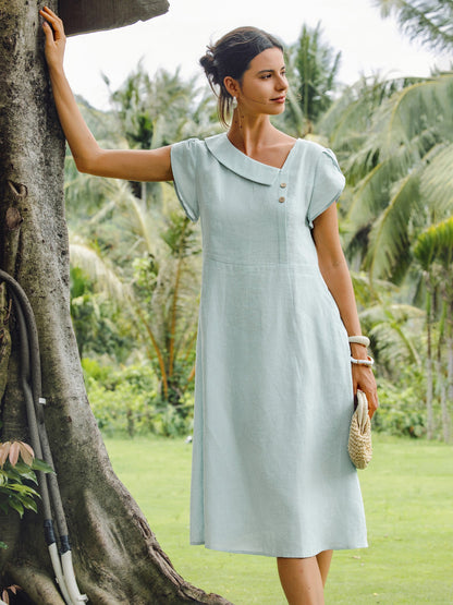 100% Linen Crescent Collar Flutter Sleeve Midi Dress FIONA LINTICO