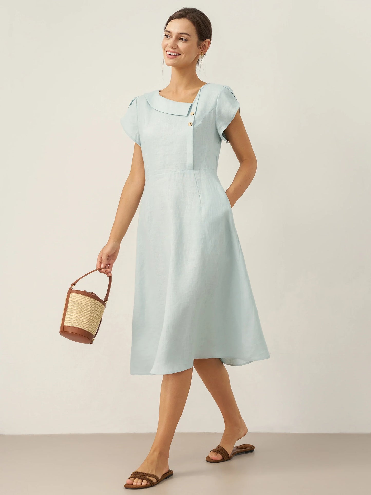 100% Linen Crescent Collar Flutter Sleeve Midi Dress FIONA LINTICO