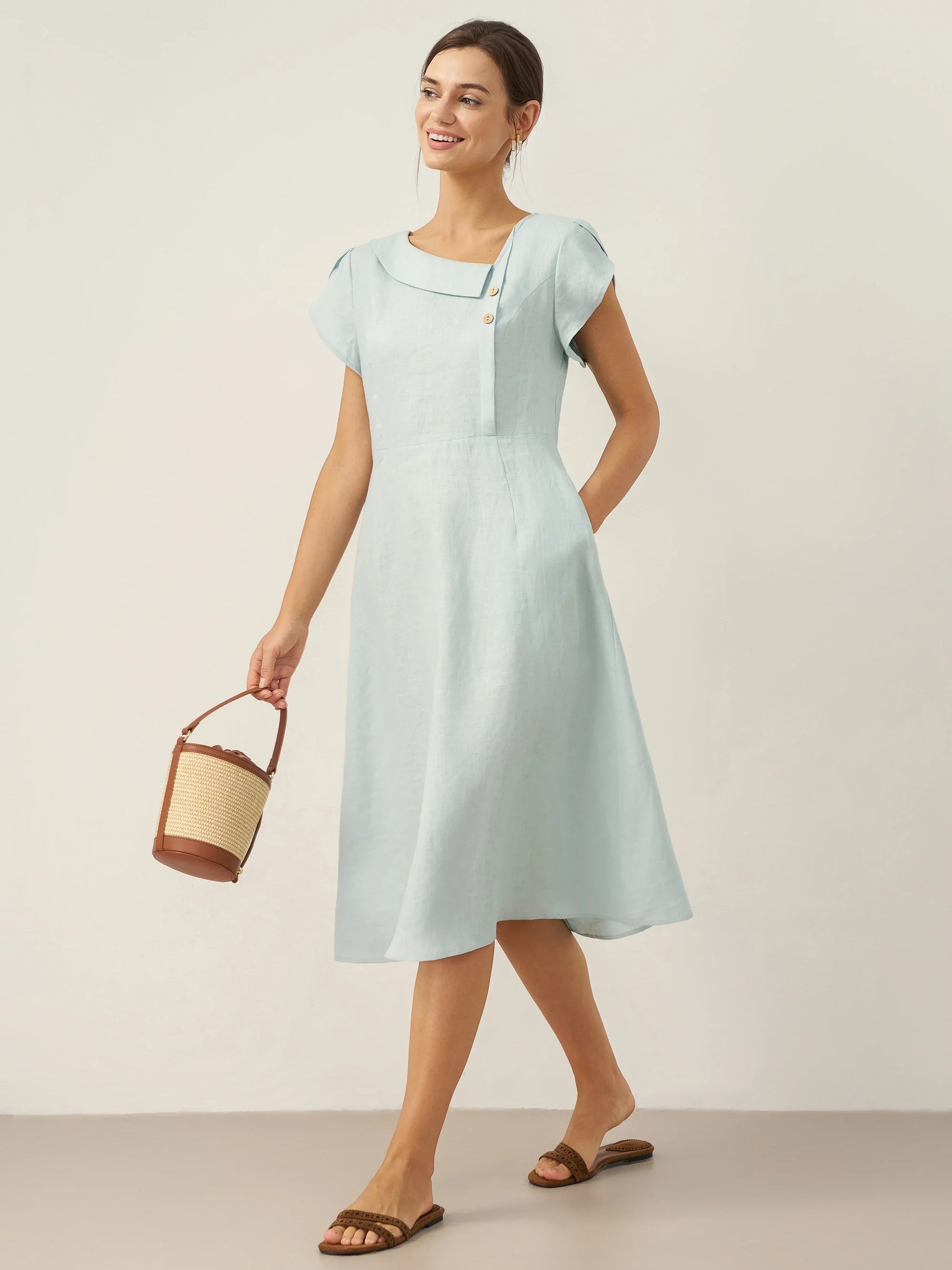 100% Linen Crescent Collar Flutter Sleeve Midi Dress FIONA LINTICO