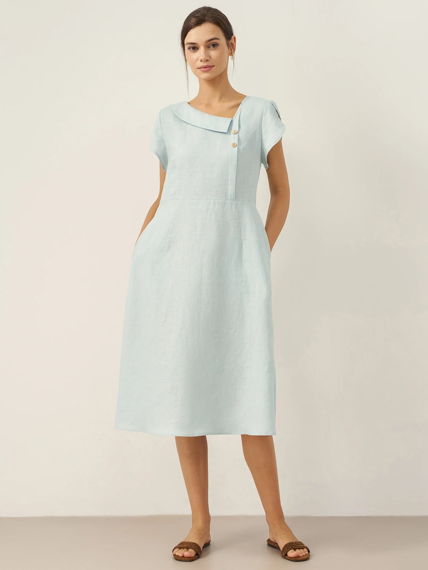 100% Linen Crescent Collar Flutter Sleeve Midi Dress FIONA LINTICO