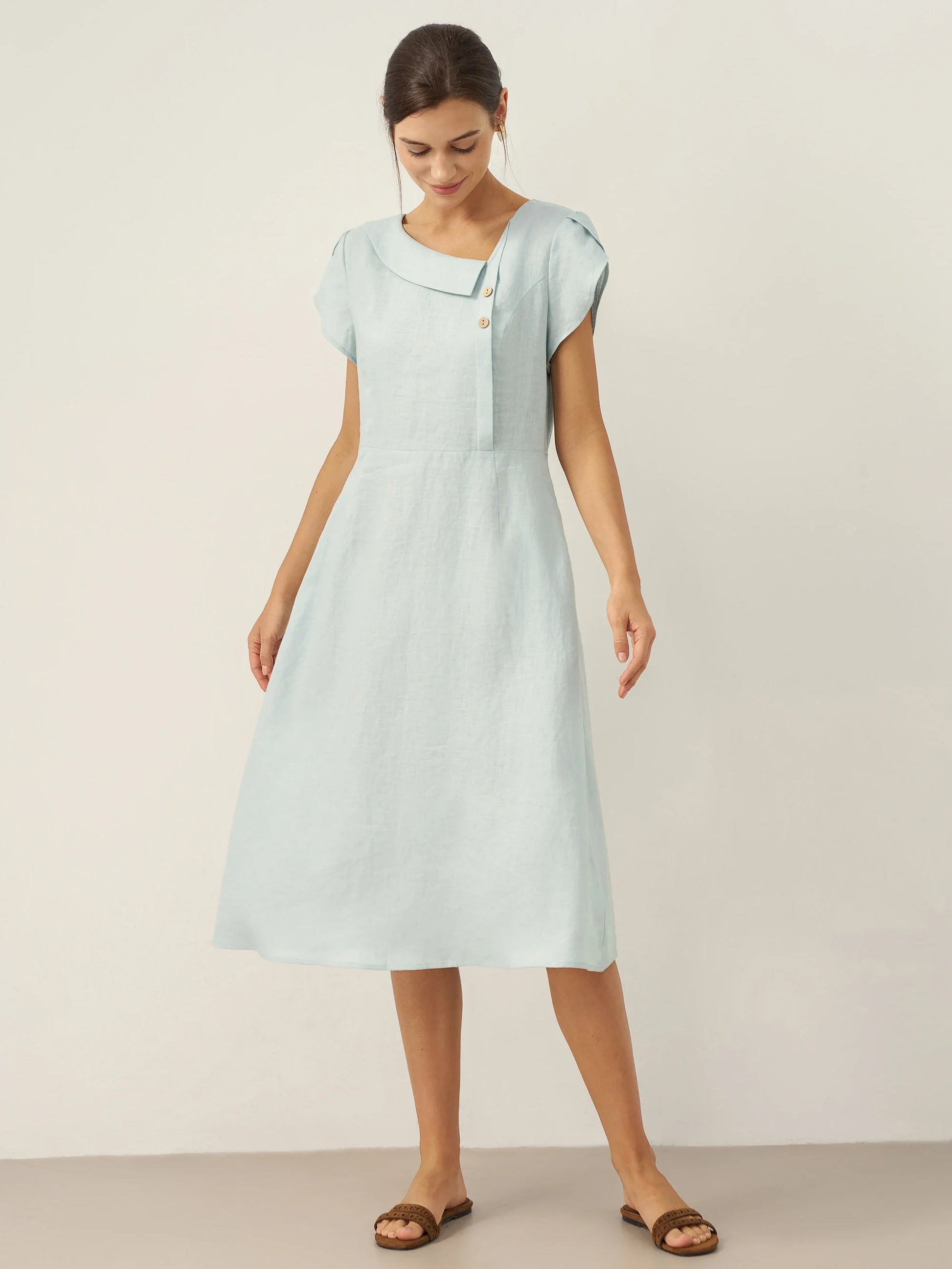 100% Linen Crescent Collar Flutter Sleeve Midi Dress FIONA LINTICO