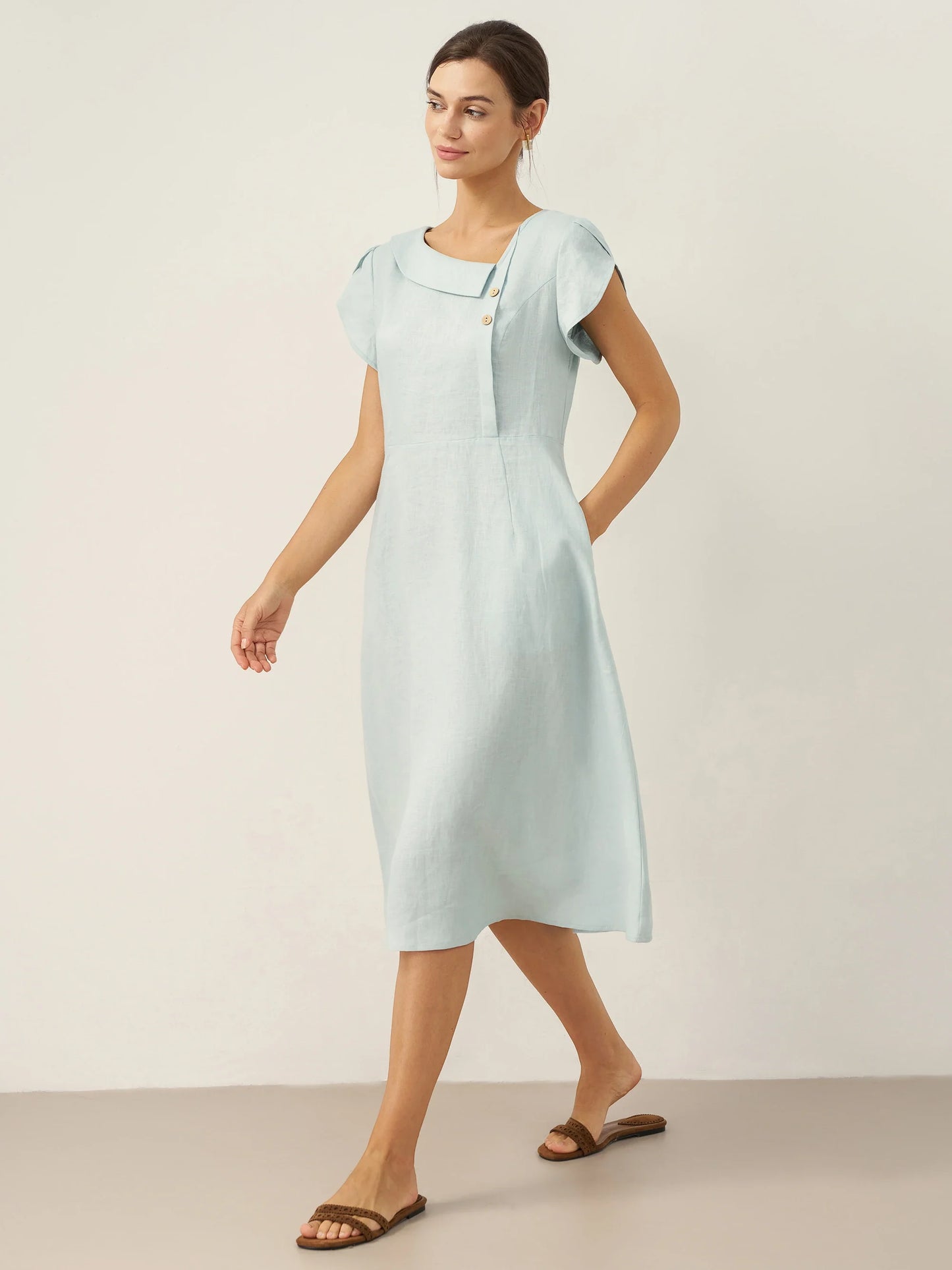 100% Linen Crescent Collar Flutter Sleeve Midi Dress FIONA LINTICO